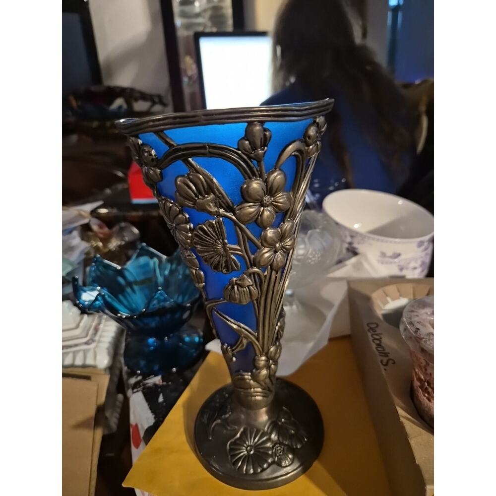 Vintage Art Deco SILVER & BLUE GLASS Trumpet Vase 10" Tall Floral Pattern